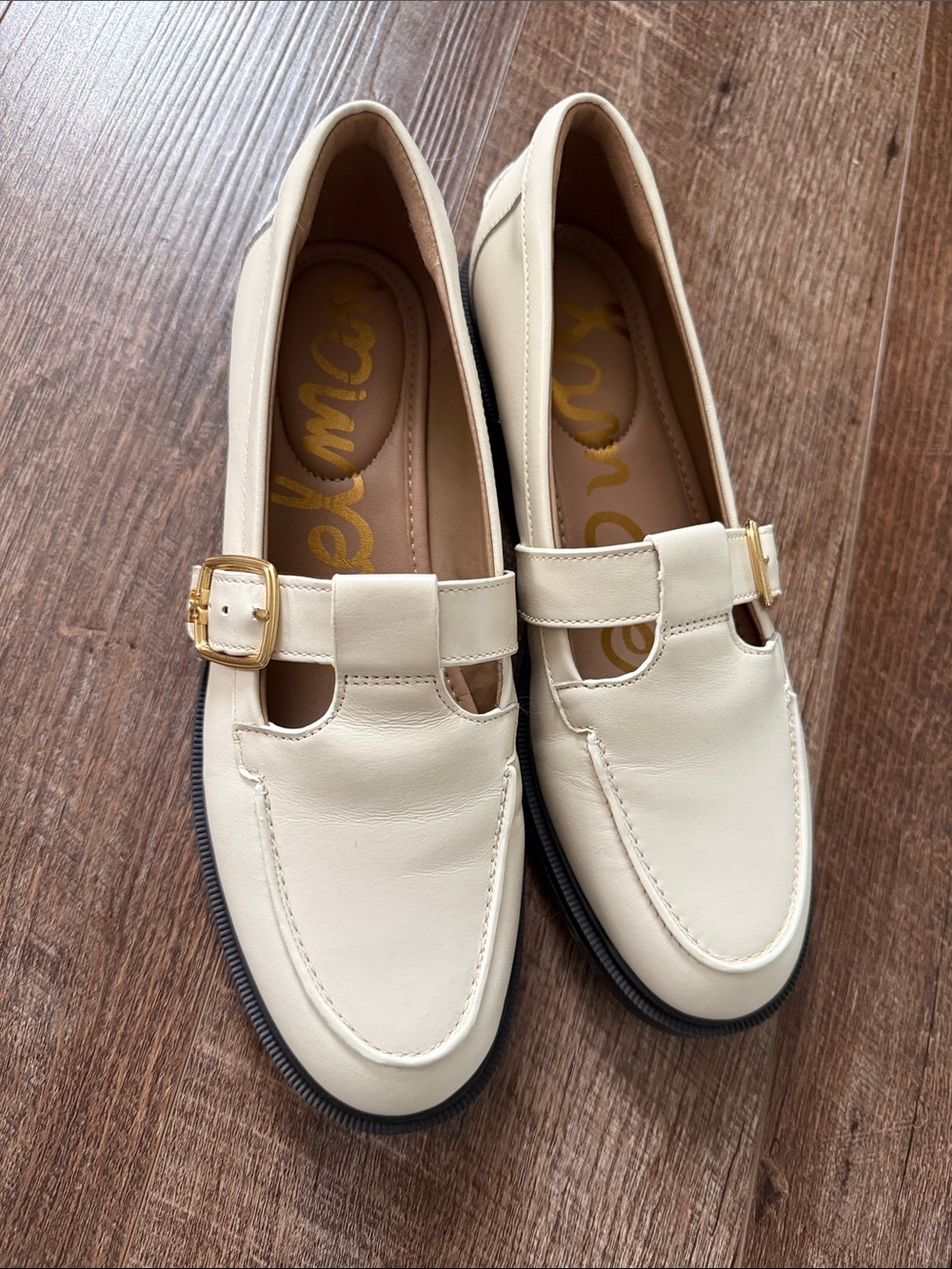 Sam Edelman Cream Mary Jane Loafers with Gold Buckle